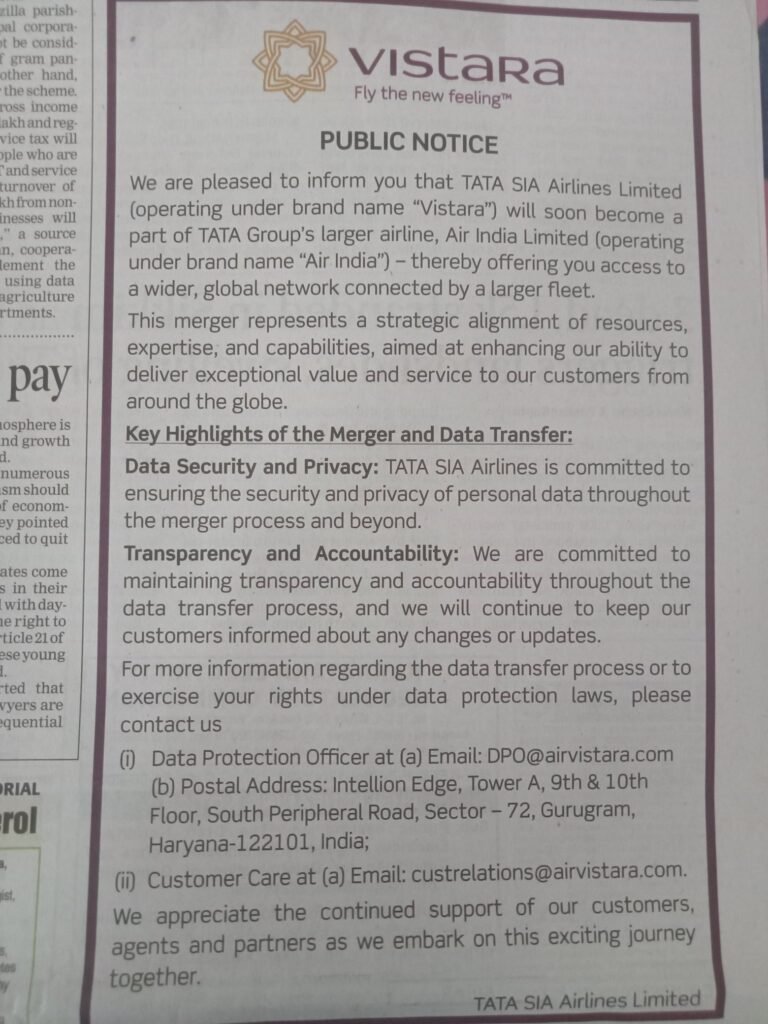 Vistara Public Notice